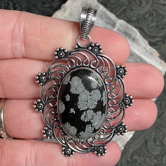 Snowflake Obsidian Floral Pendant Stone Crystal Jewelry - Picture 1 of 7